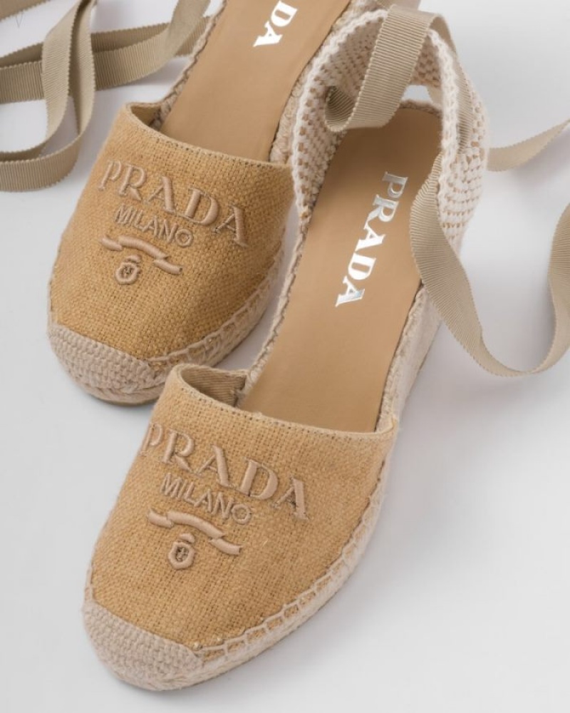 Prada Linen Alpargata Wedge Sandals Beige | YKJV5431