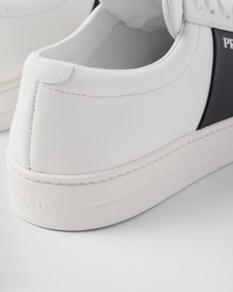 Prada Logo Cuero Laced Sneakers Blancos Negros | UZDI9908