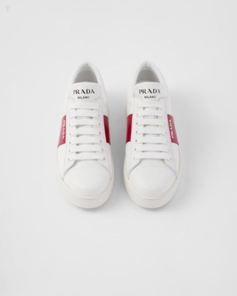 Prada Logo Cuero Laced Sneakers Blancos Rojos Oscuro | PPAA8530