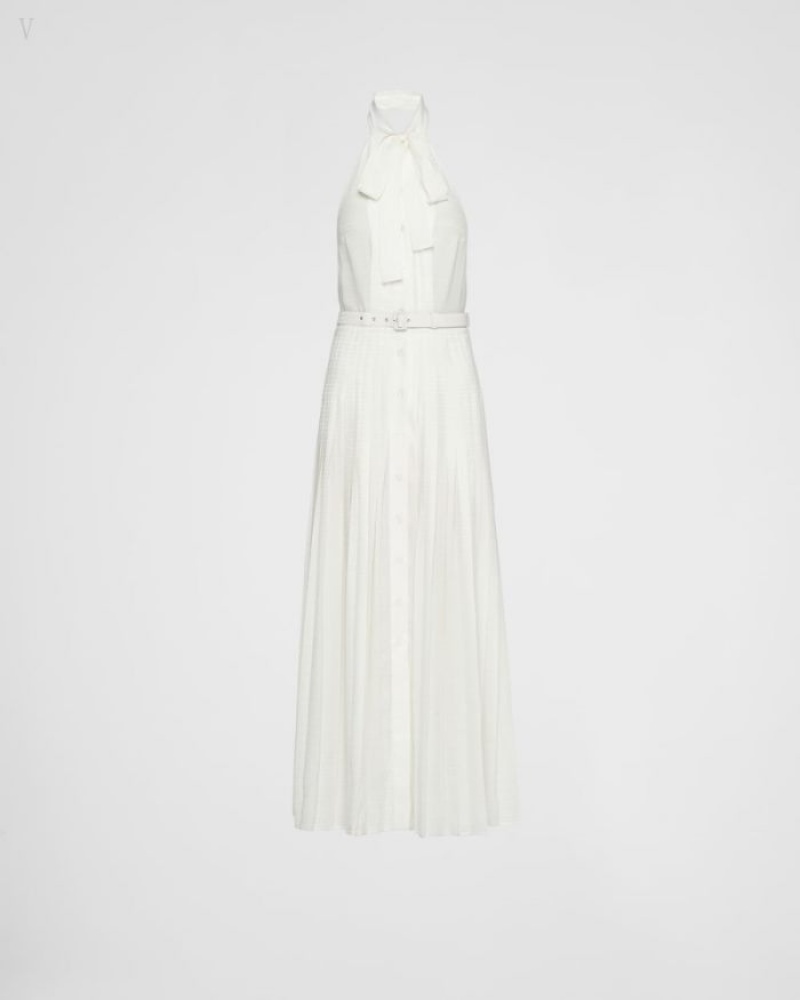 Prada Long Crêpe De Chine Jacquard Vestido Blancos | OCXO2149