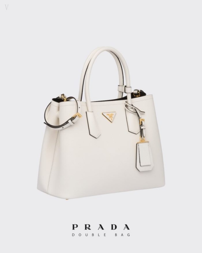 Prada Medium Saffiano Cuero Double Bag Blancos Negros | JDRX8577
