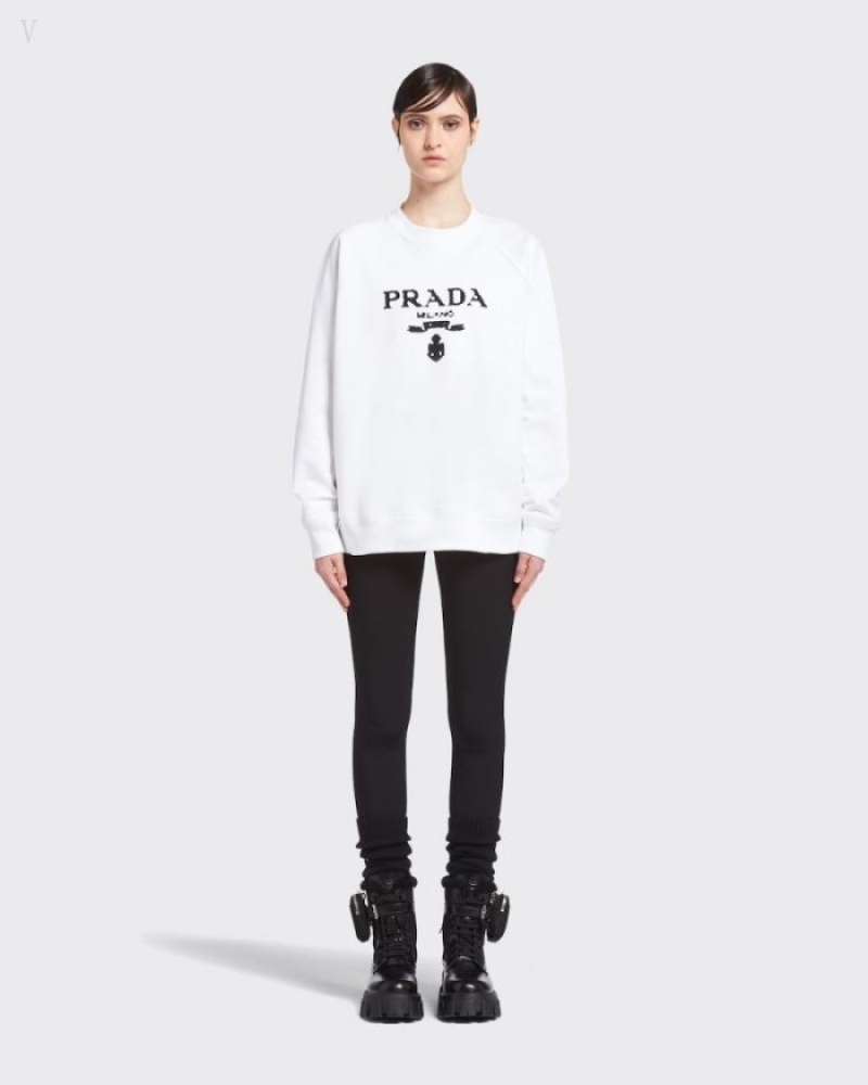 Prada Oversized Logo Print Jersey Sweatshirt Blancos Negros | QHBI2928