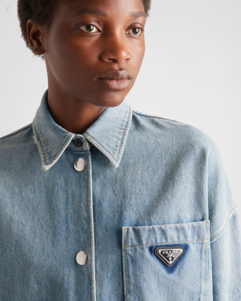 Prada Oversized Organic Denim Shirt Azul Marino | WCEM7831