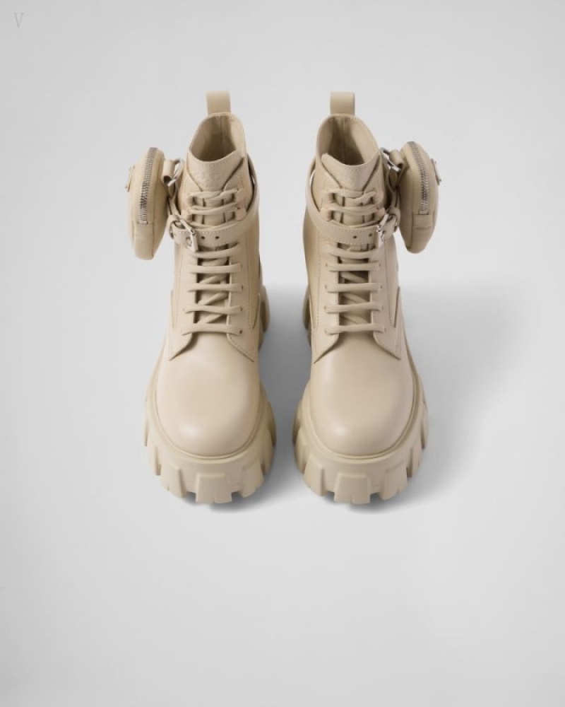 Prada Pouch Monolith Cuero And Re-nylon Boots Beige | TQKA8147