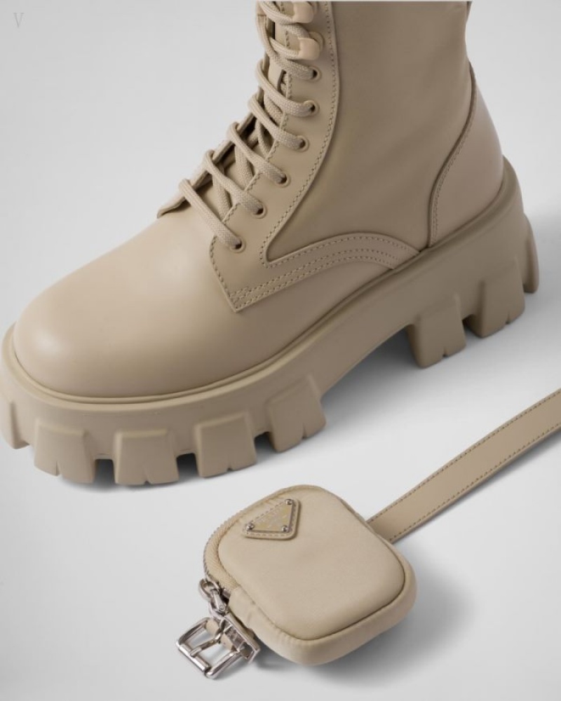 Prada Pouch Monolith Cuero And Re-nylon Boots Beige | TQKA8147