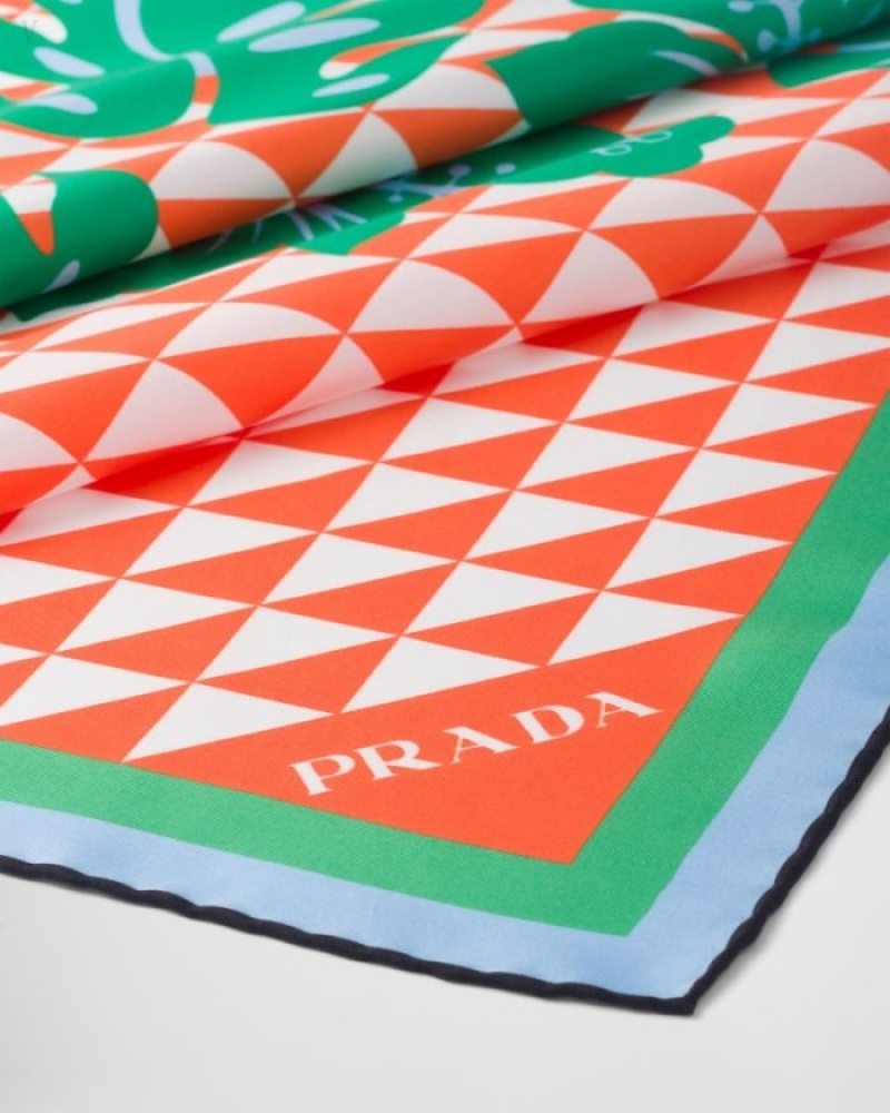 Prada Printed Silk Twill Scarf Naranjas Blancos | JQVJ0755