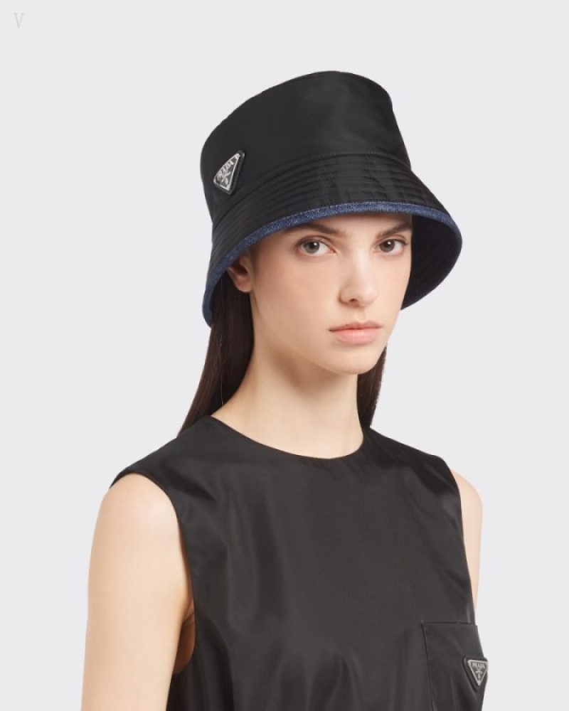 Prada Re-nylon And Denim Bucket Hat Negros Azules | YKKB7150