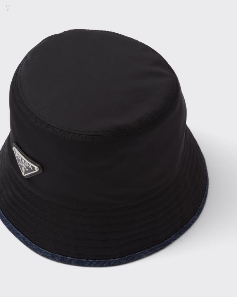 Prada Re-nylon And Denim Bucket Hat Negros Azules | YKKB7150