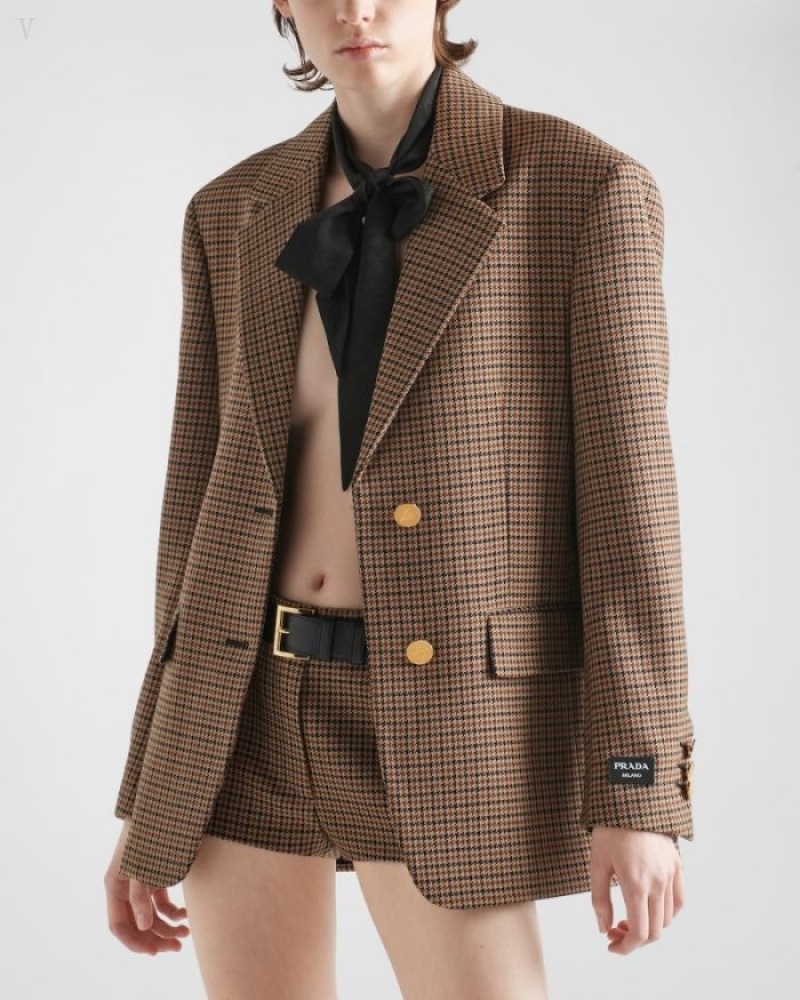 Prada Single-breasted Houndstooth Check Jacket Marrom | VLYI5793