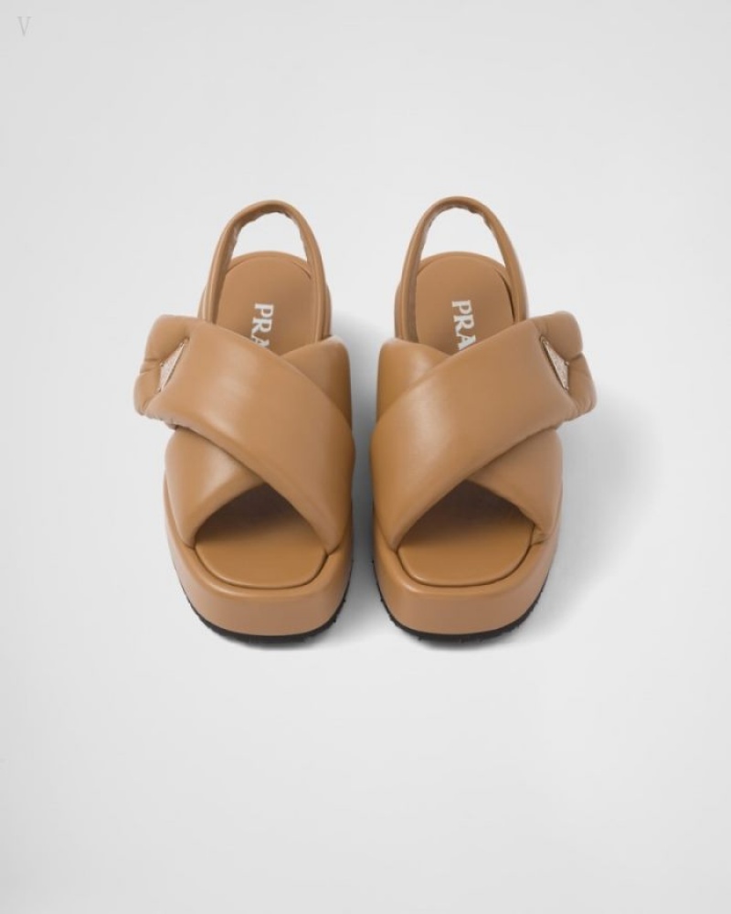 Prada Soft Acolchado Nappa Cuero Wedge Sandals Caramel | GHRA7729