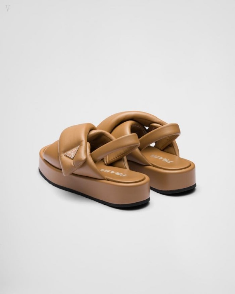 Prada Soft Acolchado Nappa Cuero Wedge Sandals Caramel | GHRA7729