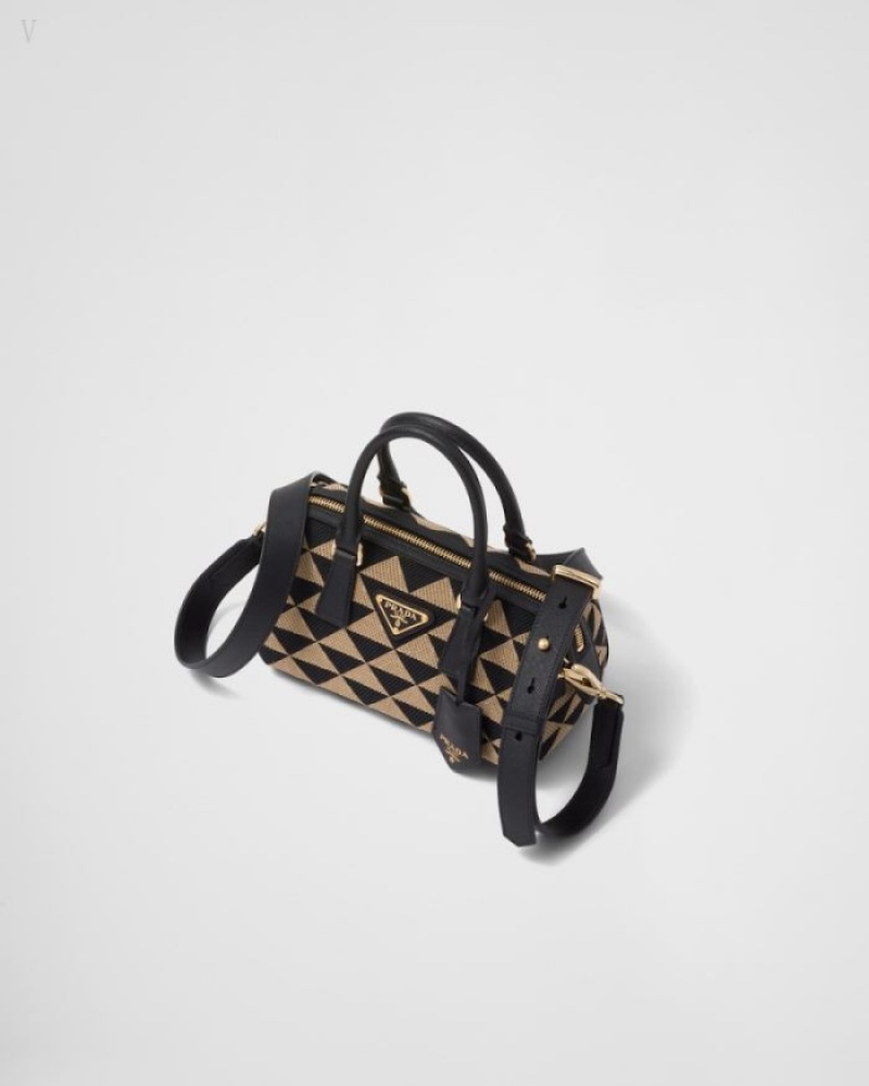 Prada Symbole Embroidered Fabric Top-handle Bag Negros Beige | DJCB8944