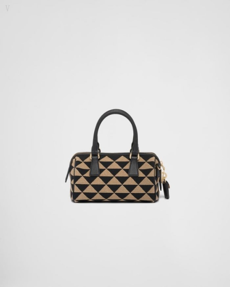 Prada Symbole Embroidered Fabric Top-handle Bag Negros Beige | DJCB8944