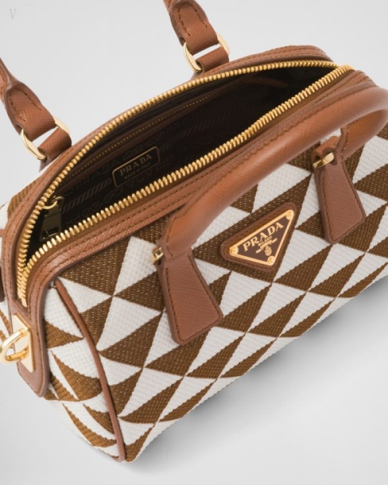 Prada Symbole Embroidered Fabric Top-handle Bag Marrom Blancos | SZYS0986
